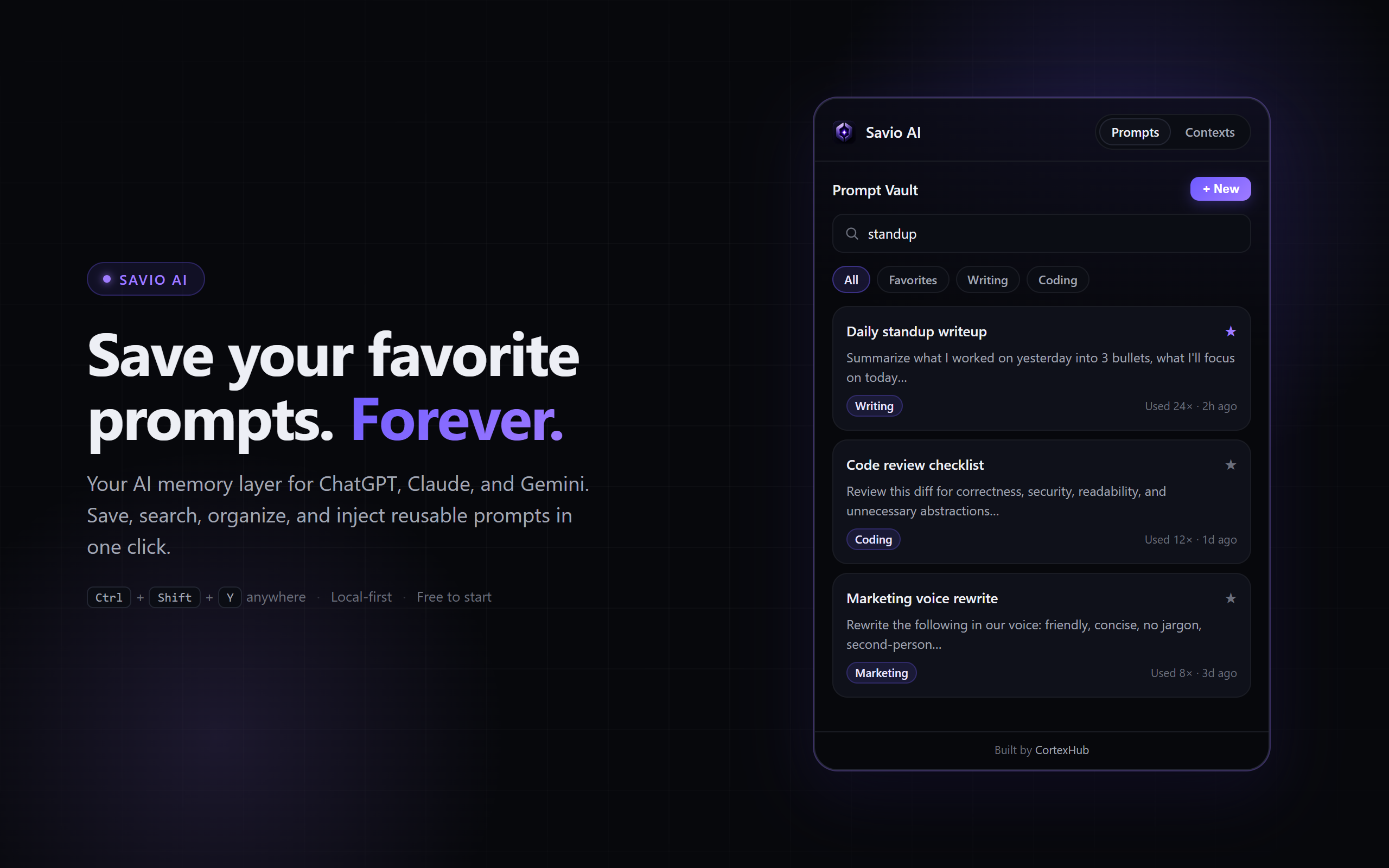 Savio AI - Save and inject prompts instantly