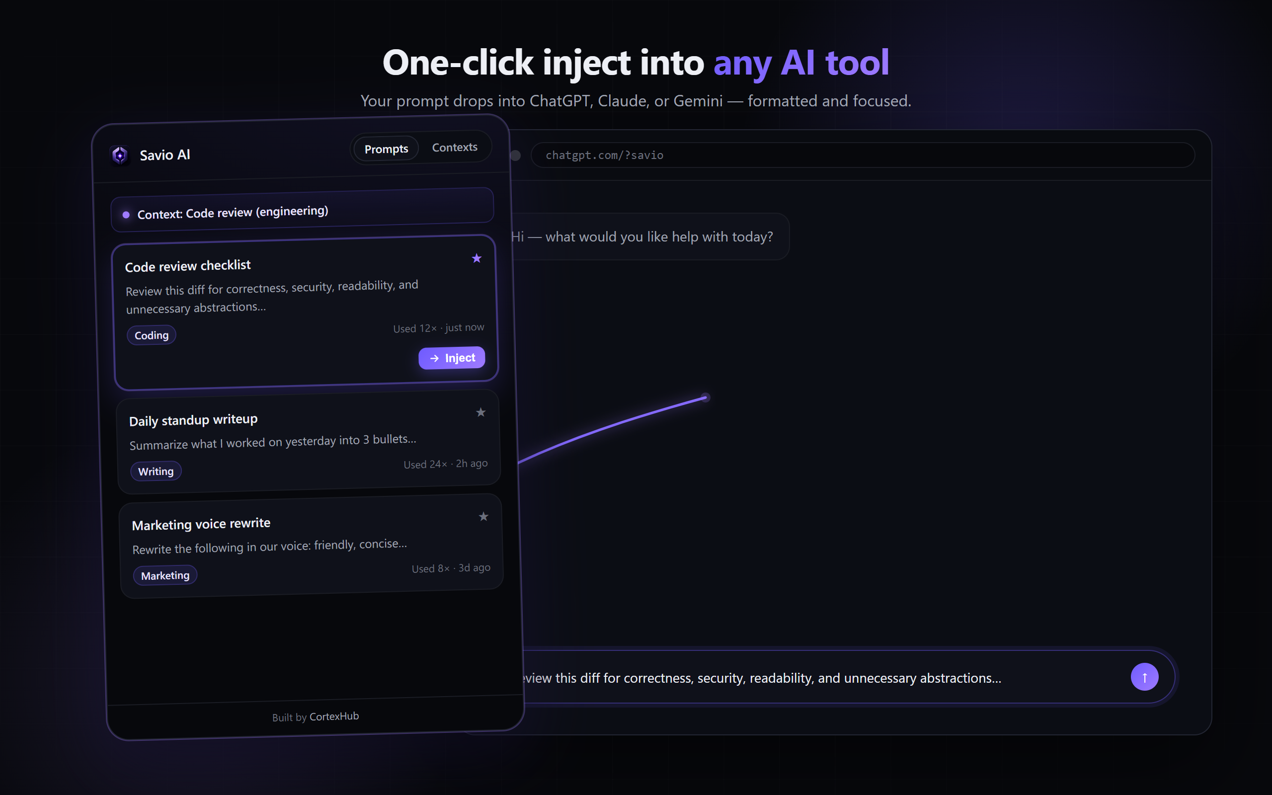 Savio AI - One-click prompt injection into ChatGPT