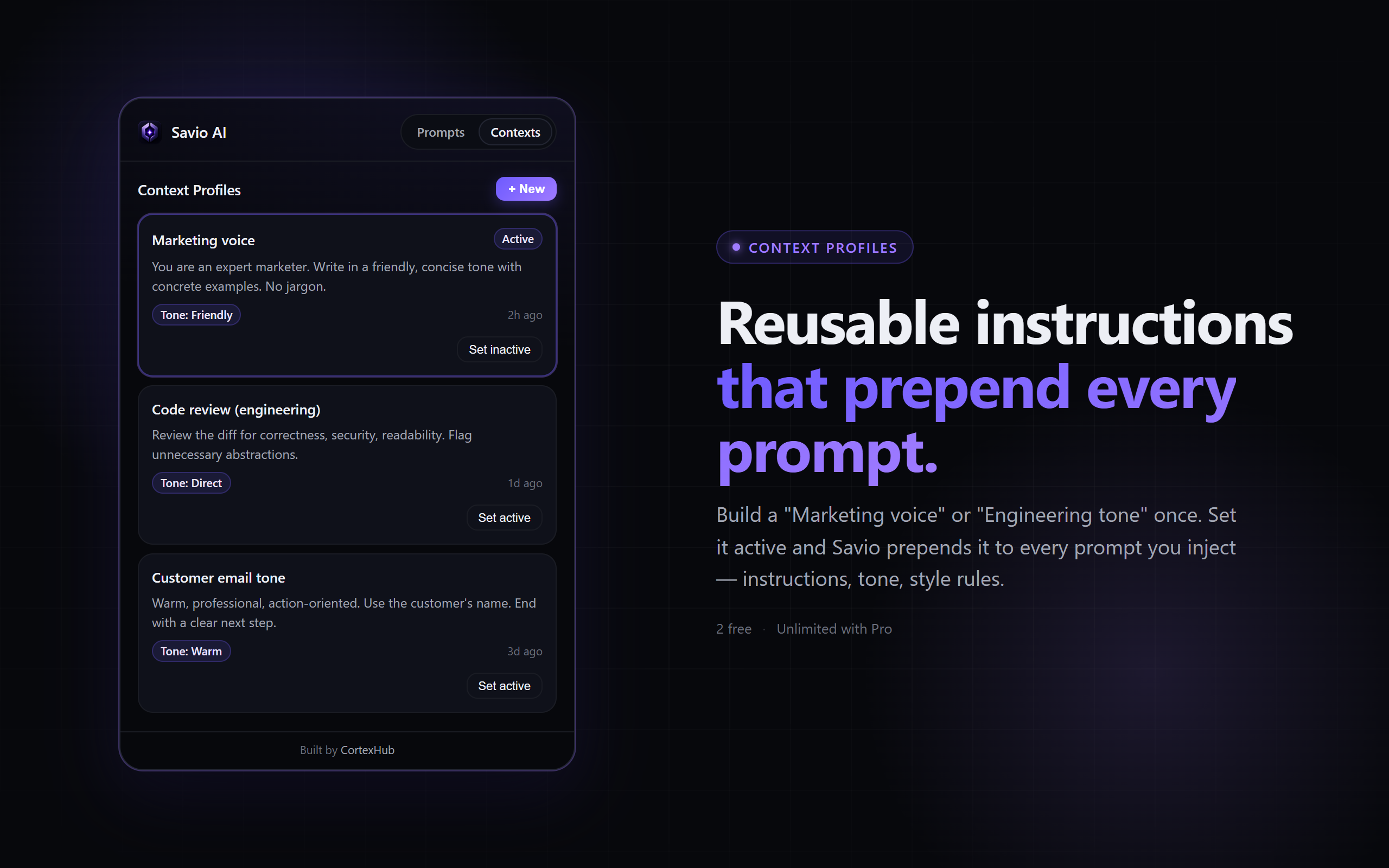 Savio AI - Reusable context profiles for consistent tone and style